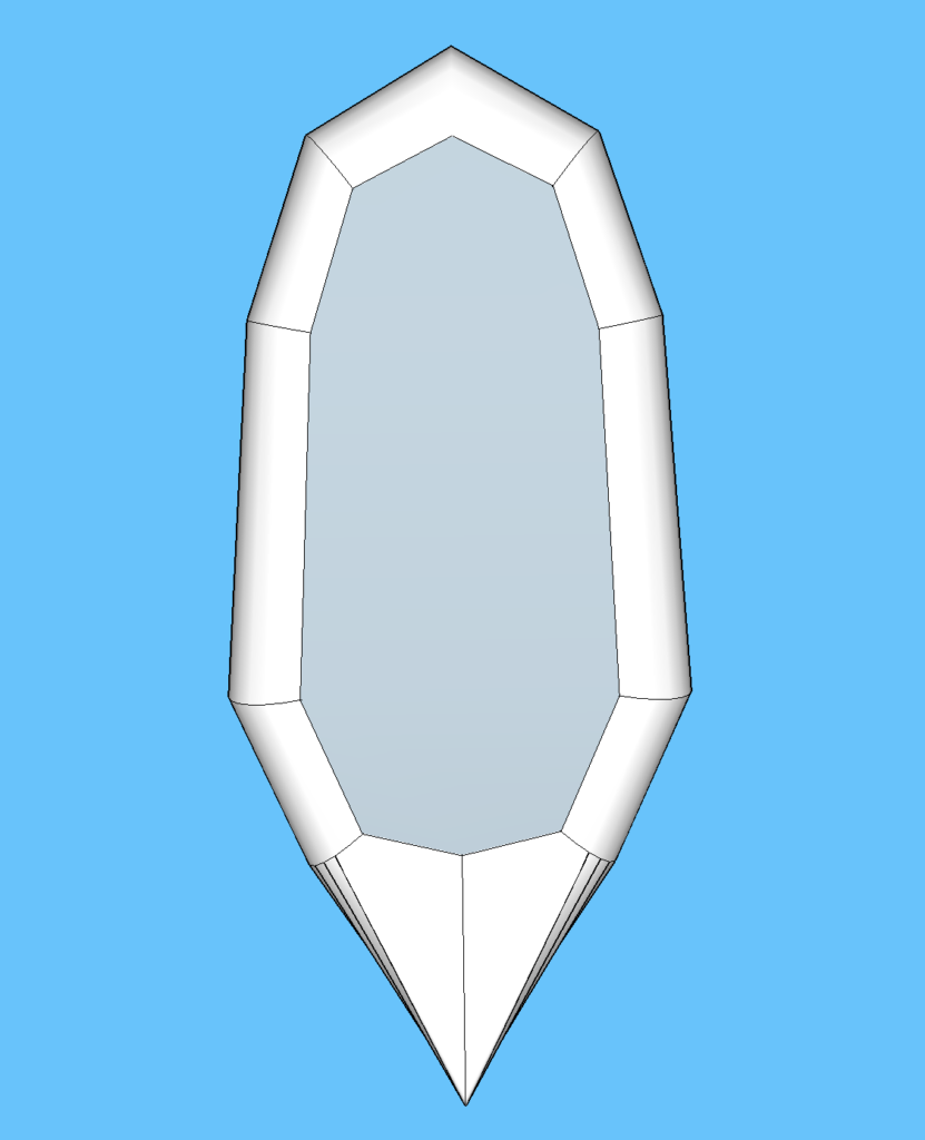 3D rendering of the prototype. We develop fabric patterns from the 3D model. Note that the sharp lines of the integrated backrest and tail section are artifacts of the software and will smooth out when the raft is inflated.