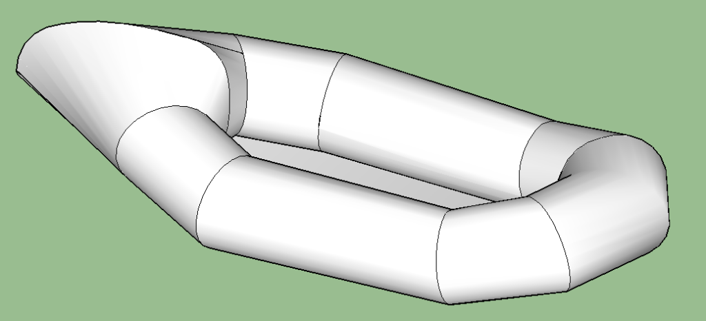 3D rendering of the prototype. We develop fabric patterns from the 3D model. Note that the sharp lines of the integrated backrest and tail section are artifacts of the software and will smooth out when the raft is inflated.