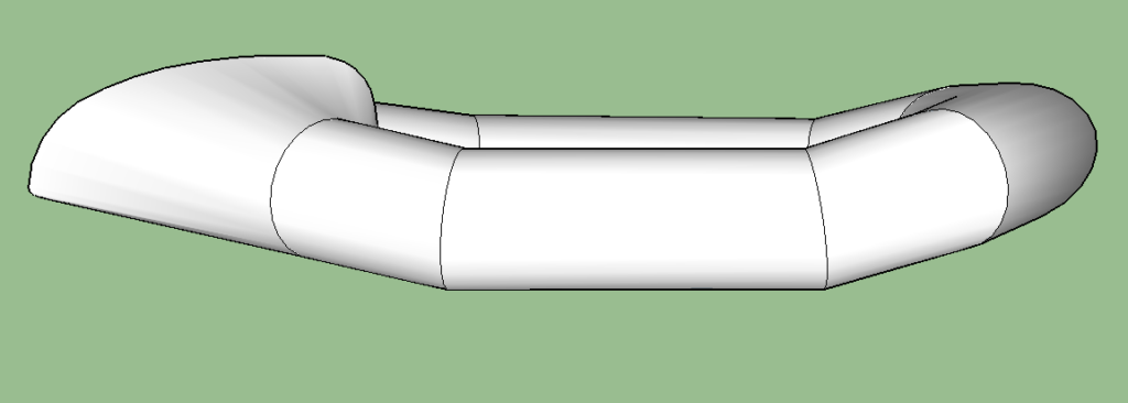 3D rendering of the prototype. We develop fabric patterns from the 3D model. Note that the sharp lines of the integrated backrest and tail section are artifacts of the software and will smooth out when the raft is inflated.