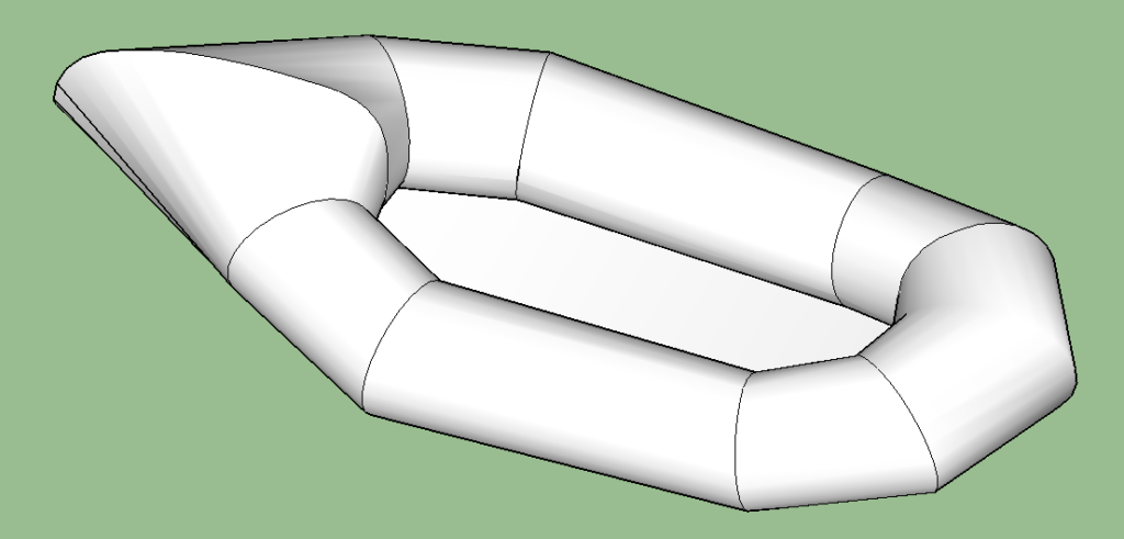 3D rendering of the prototype. We develop fabric patterns from the 3D model. Note that the sharp lines of the integrated backrest and tail section are artifacts of the software and will smooth out when the raft is inflated.