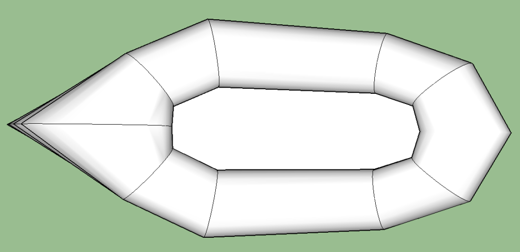 3D rendering of the prototype. We develop fabric patterns from the 3D model. Note that the sharp lines of the integrated backrest and tail section are artifacts of the software and will smooth out when the raft is inflated.