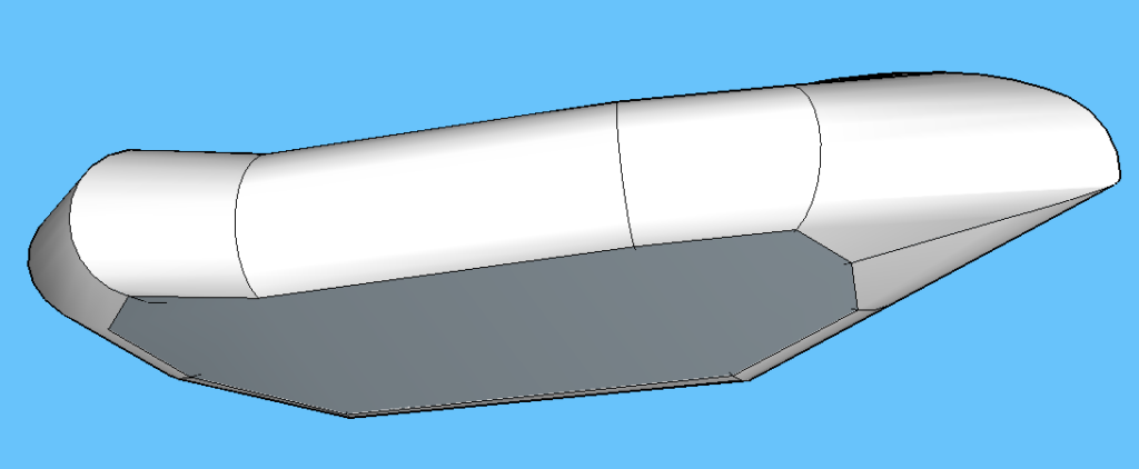 3D rendering of the prototype. We develop fabric patterns from the 3D model. Note that the sharp lines of the integrated backrest and tail section are artifacts of the software and will smooth out when the raft is inflated.