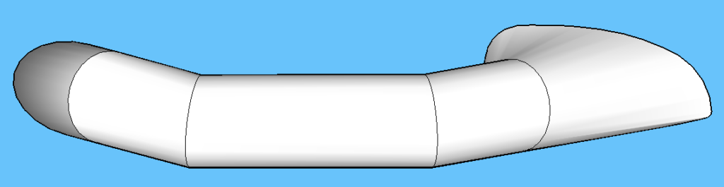 3D rendering of the prototype. We develop fabric patterns from the 3D model. Note that the sharp lines of the integrated backrest and tail section are artifacts of the software and will smooth out when the raft is inflated.