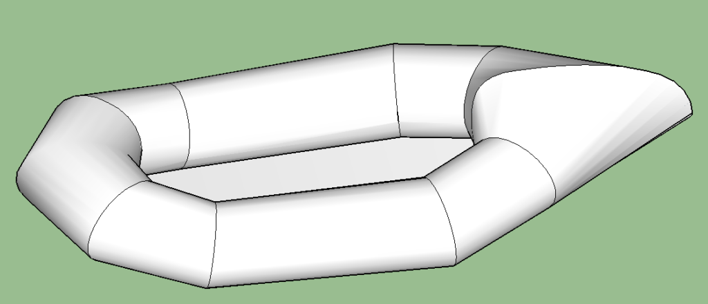 3D rendering of the prototype. We develop fabric patterns from the 3D model. Note that the sharp lines of the integrated backrest and tail section are artifacts of the software and will smooth out when the raft is inflated.