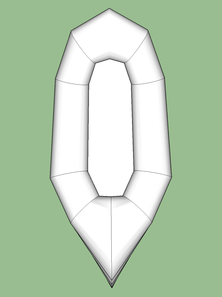 3D rendering of the prototype. We develop fabric patterns from the 3D model. Note that the sharp lines of the integrated backrest and tail section are artifacts of the software and will smooth out when the raft is inflated.